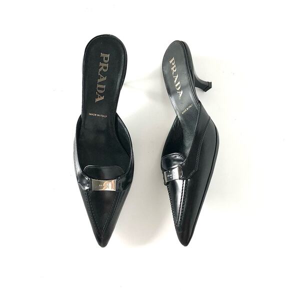 NIB Prada Logo Plaque Black Pointed Toe Kitten Heel Mules Pumps 36.5 - Picture 1 of 10